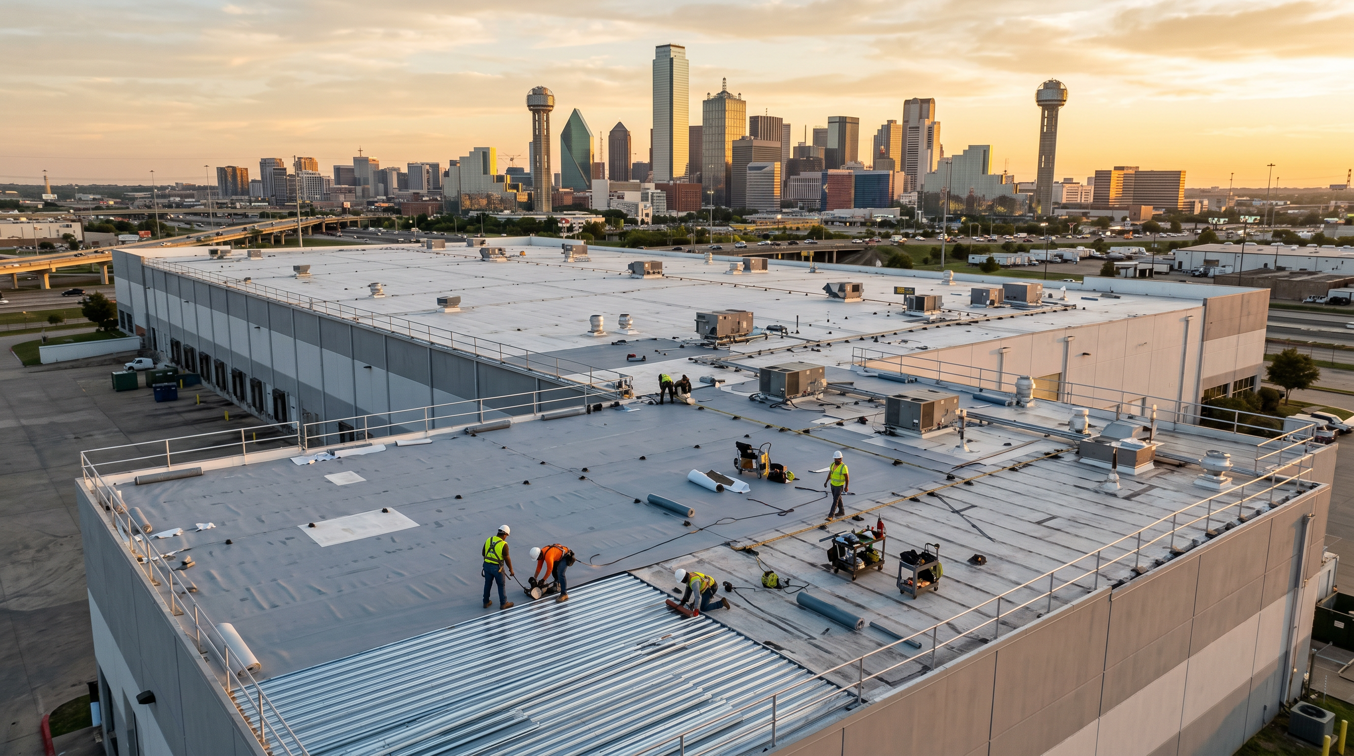 Commercial flat roof with Dallas skyline at golden hour
